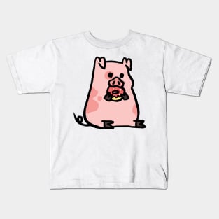 Cute Cartoon Piggy Munching Donut Kids T-Shirt